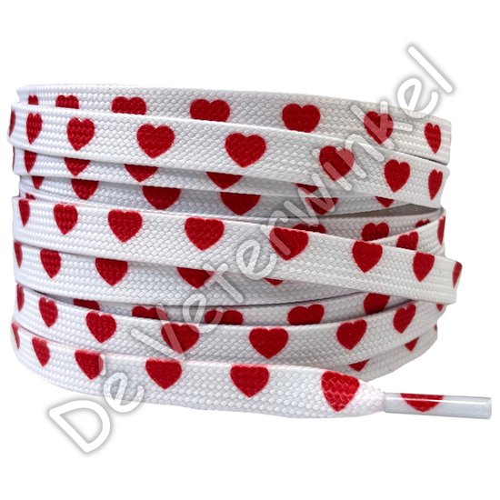 Print laces 8mm White-/Red hearts - per pair